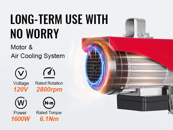 VEVOR 2200 lbs wireless attic lift with 1600w motor, 120v, 2800rpm, 6.1nm torque, efficient cooling.