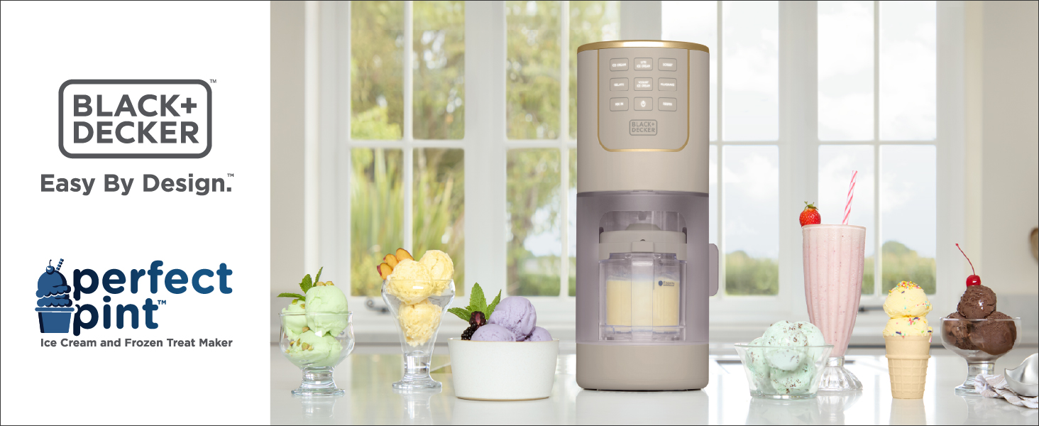 Black+Decker Perfect Pint Ice Cream and Frozen Treat Maker sitting on a bright countertop