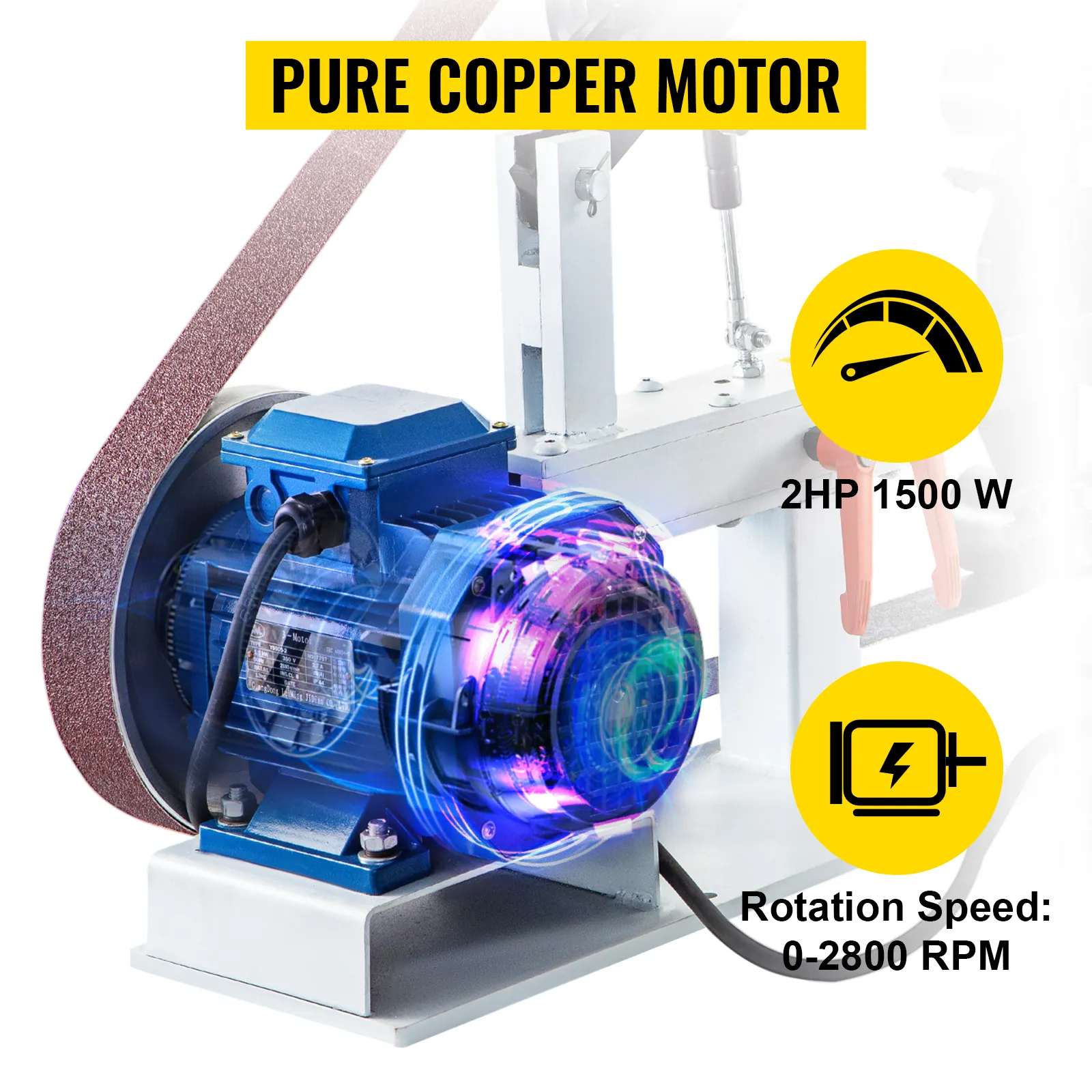 VEVOR belt sander with pure copper motor, 2hp 1500w, rotation speed 0-2800 rpm.