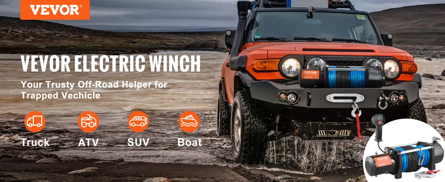 VEVOR electric winch on an orange off-road vehicle by a river, showcasing its use for trucks, atvs, suvs, and boats.