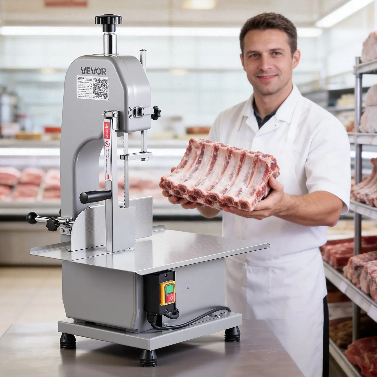 VEVOR Commercial Electric Meat Bandsaw, 1500W Bone Sawing Machine with 12.4" x 18.1" Workbench, 0-4.3" Cutting Thickness, 7 Extra Replacement Blades, for Cutting Bone, Frozen Meat, Pork, Beef & Ribs