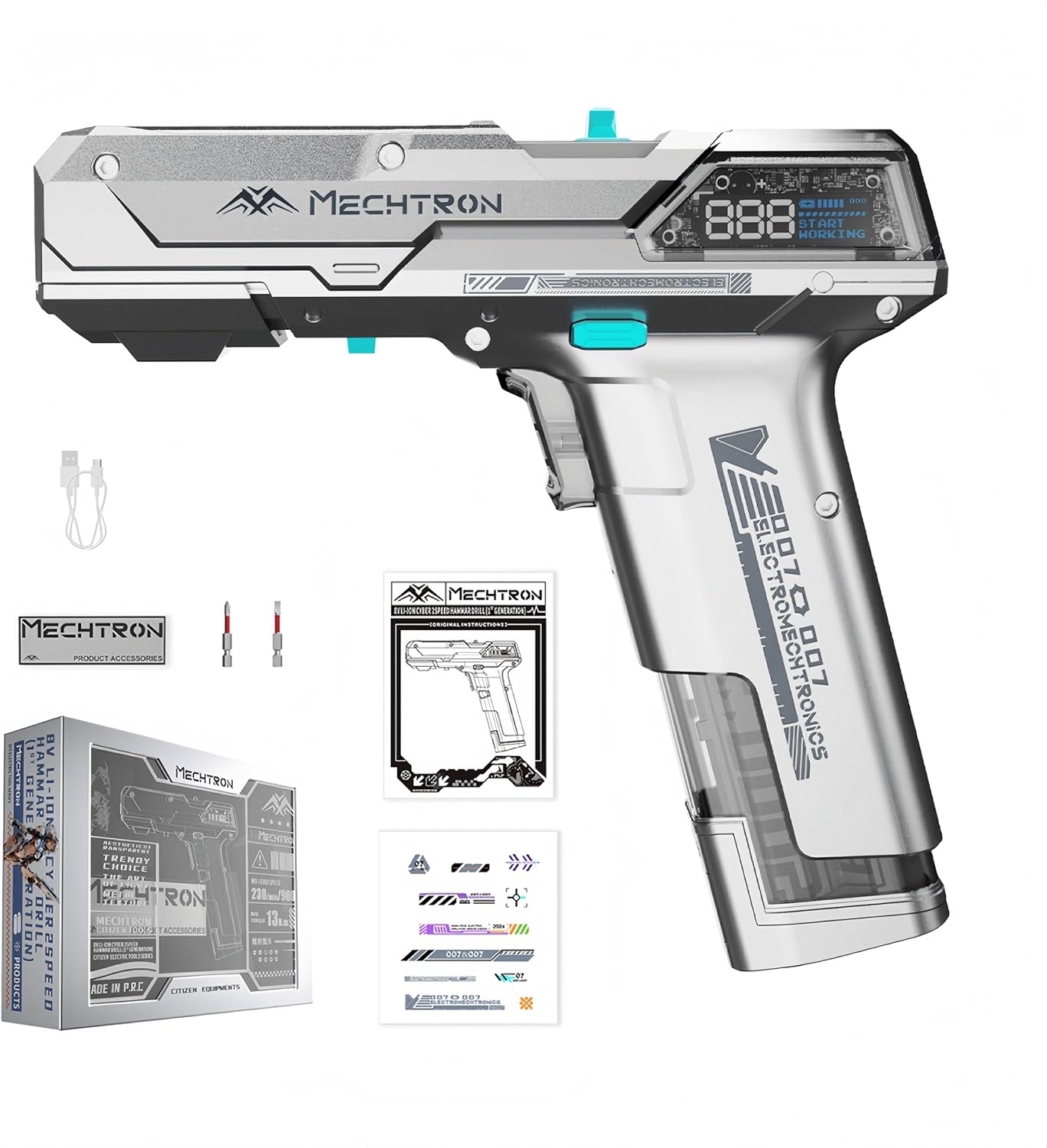 Cyberpunk Gun-Shaped AI Smart 8V Dual-Speed Hammer Drill, Cool Gadget Gifts for Men, Boyfriend, Husband, Dad, Boss, Gamers, Tech Lovers (8-Piece Accessory Kit)