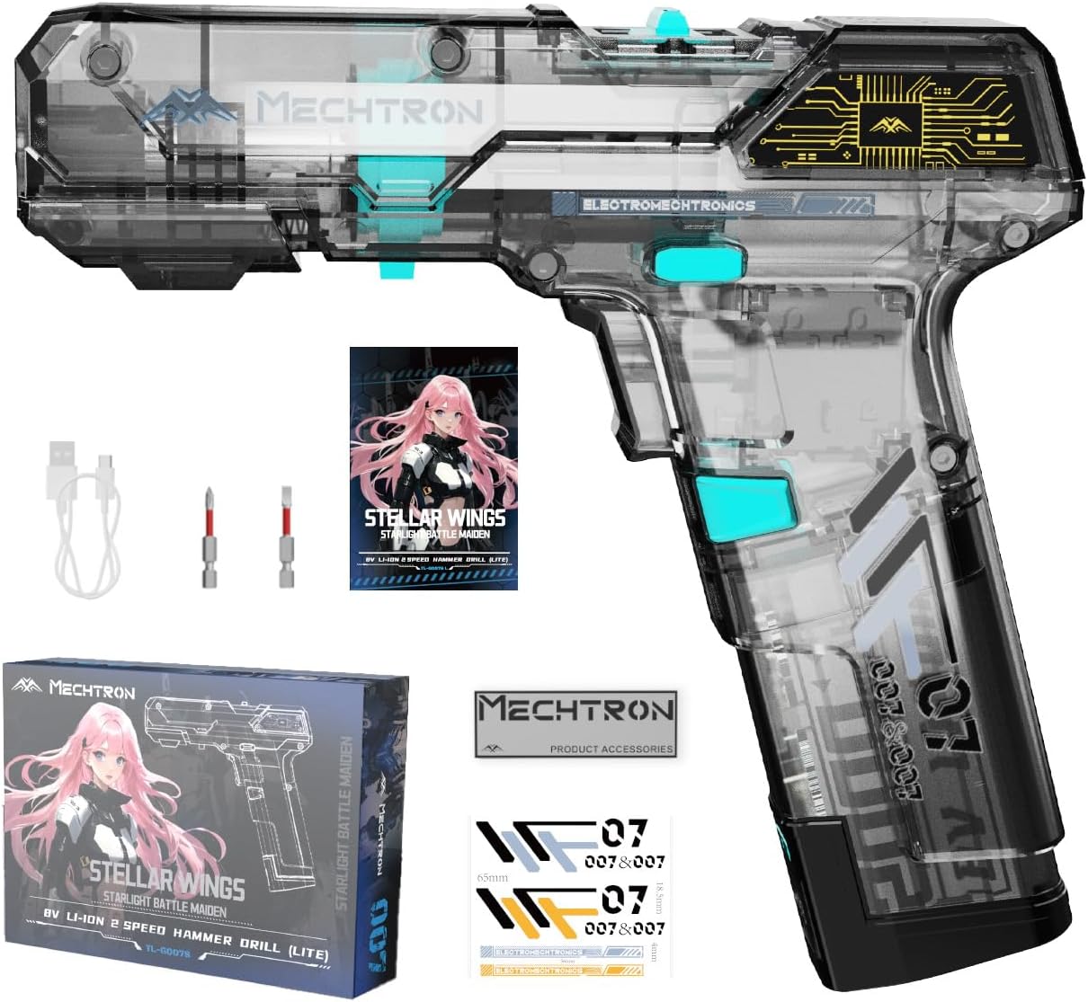 Cyberpunk Gun-Shaped AI Smart 8V Dual-Speed Hammer Drill, Cool Gadget Gifts for Men, Boyfriend, Husband, Dad, Boss, Gamers, Tech Lovers (8-Piece Accessory Kit)
