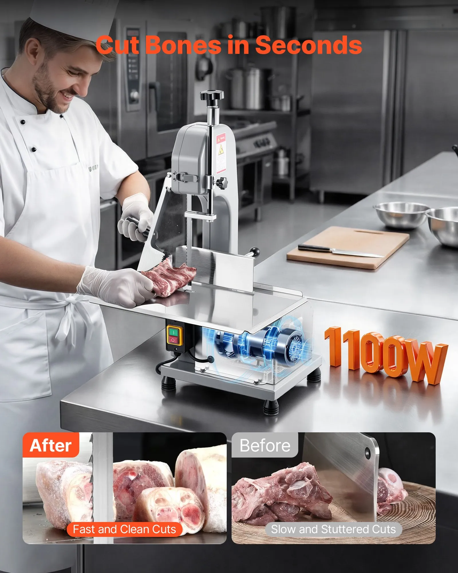 VEVOR Commercial Electric Meat Bandsaw, 1500W Bone Sawing Machine with 12.4" x 18.1" Workbench, 0-4.3" Cutting Thickness, 7 Extra Replacement Blades, for Cutting Bone, Frozen Meat, Pork, Beef & Ribs