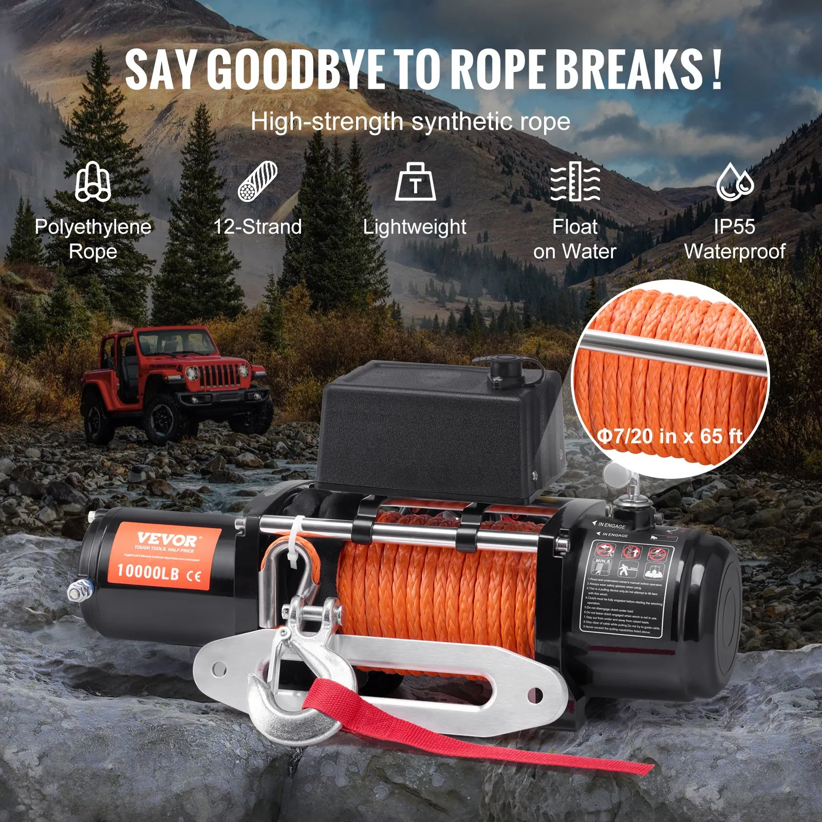 VEVOR Electric Winch, 10,000 - 18,000 lb, 12V DC Truck Winch with Φ7/20 in x 65 ft Synthetic Rope Aluminum Fairlead Wireless & Wired Remote Control, IP55 Waterproof for Towing Off-Road SUV Jeep Trailer Boat