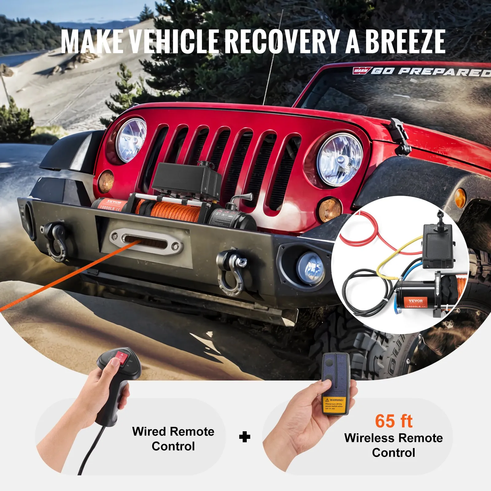 VEVOR Electric Winch, 10,000 - 18,000 lb, 12V DC Truck Winch with Φ7/20 in x 65 ft Synthetic Rope Aluminum Fairlead Wireless & Wired Remote Control, IP55 Waterproof for Towing Off-Road SUV Jeep Trailer Boat