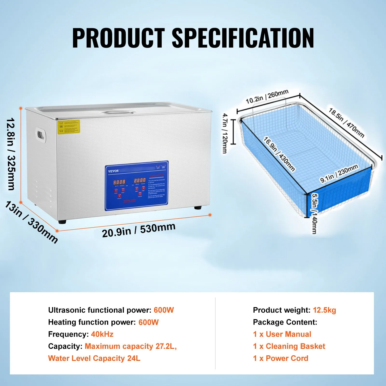 VEVOR Professional Ultrasonic Cleaner, 30 L Ultrasonic Jewelry Cleaner with Digital Timer & Heater, Stainless Steel Industrial Sonic Cleaner 40kHz for Glasses, Watches, Rings, Small Parts
