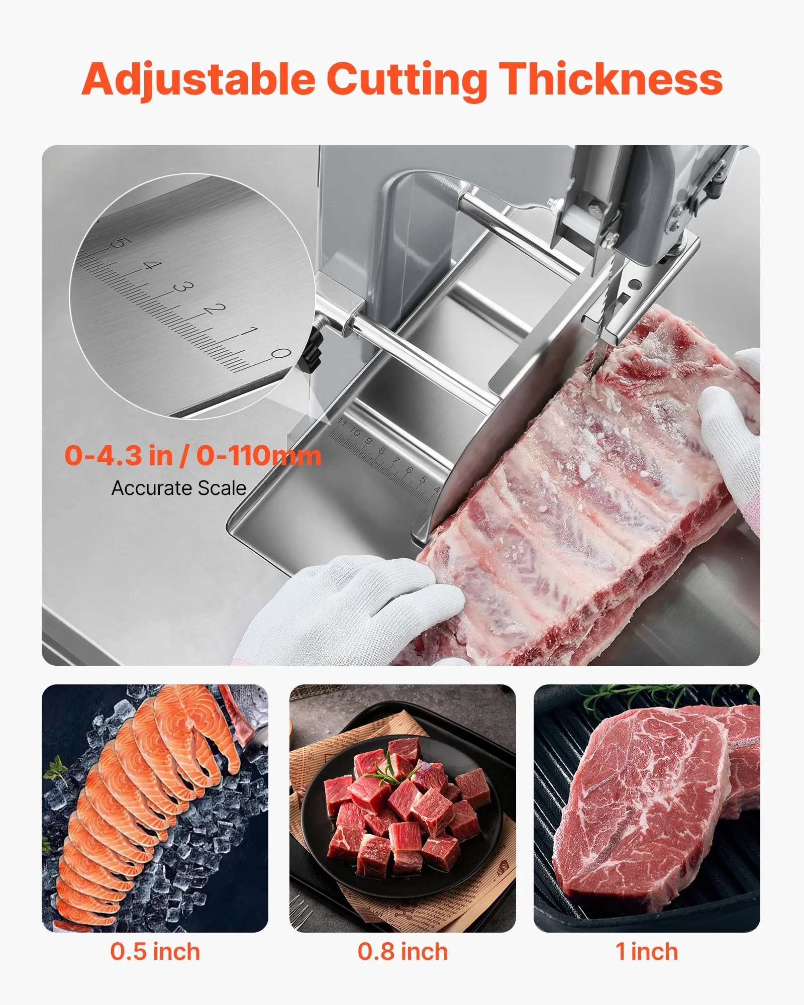 VEVOR Commercial Electric Meat Bandsaw, 1500W Bone Sawing Machine with 12.4" x 18.1" Workbench, 0-4.3" Cutting Thickness, 7 Extra Replacement Blades, for Cutting Bone, Frozen Meat, Pork, Beef & Ribs
