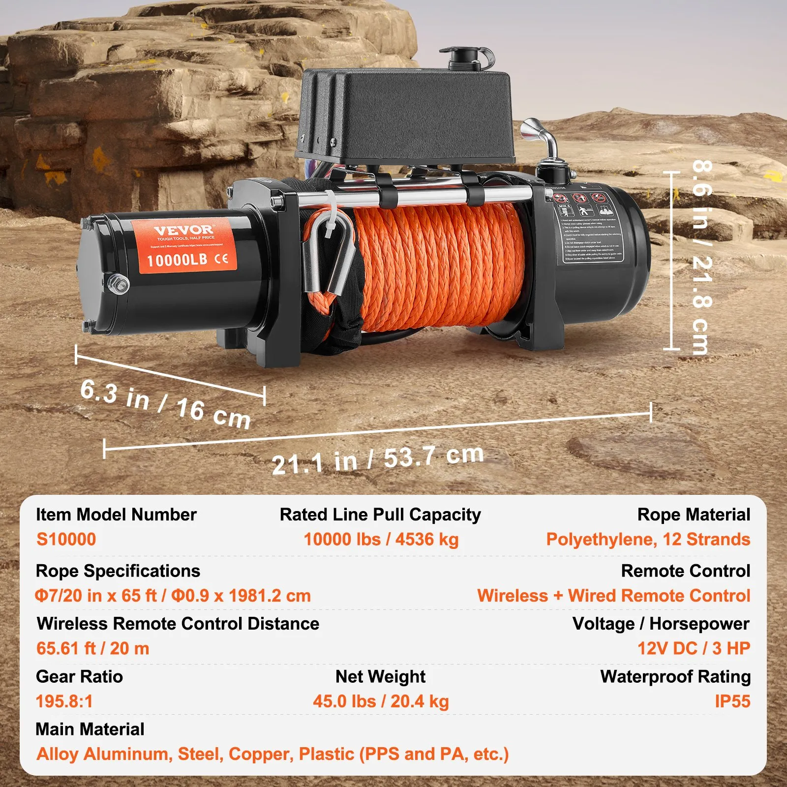 VEVOR Electric Winch, 10,000 - 18,000 lb, 12V DC Truck Winch with Φ7/20 in x 65 ft Synthetic Rope Aluminum Fairlead Wireless & Wired Remote Control, IP55 Waterproof for Towing Off-Road SUV Jeep Trailer Boat