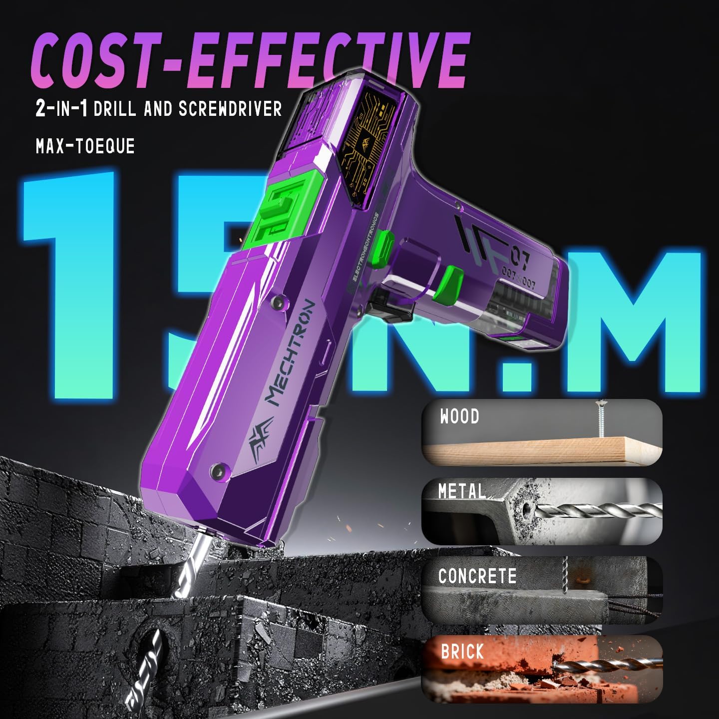 Cyberpunk Gun-Shaped AI Smart 8V Dual-Speed Hammer Drill, Cool Gadget Gifts for Men, Boyfriend, Husband, Dad, Boss, Gamers, Tech Lovers (8-Piece Accessory Kit)