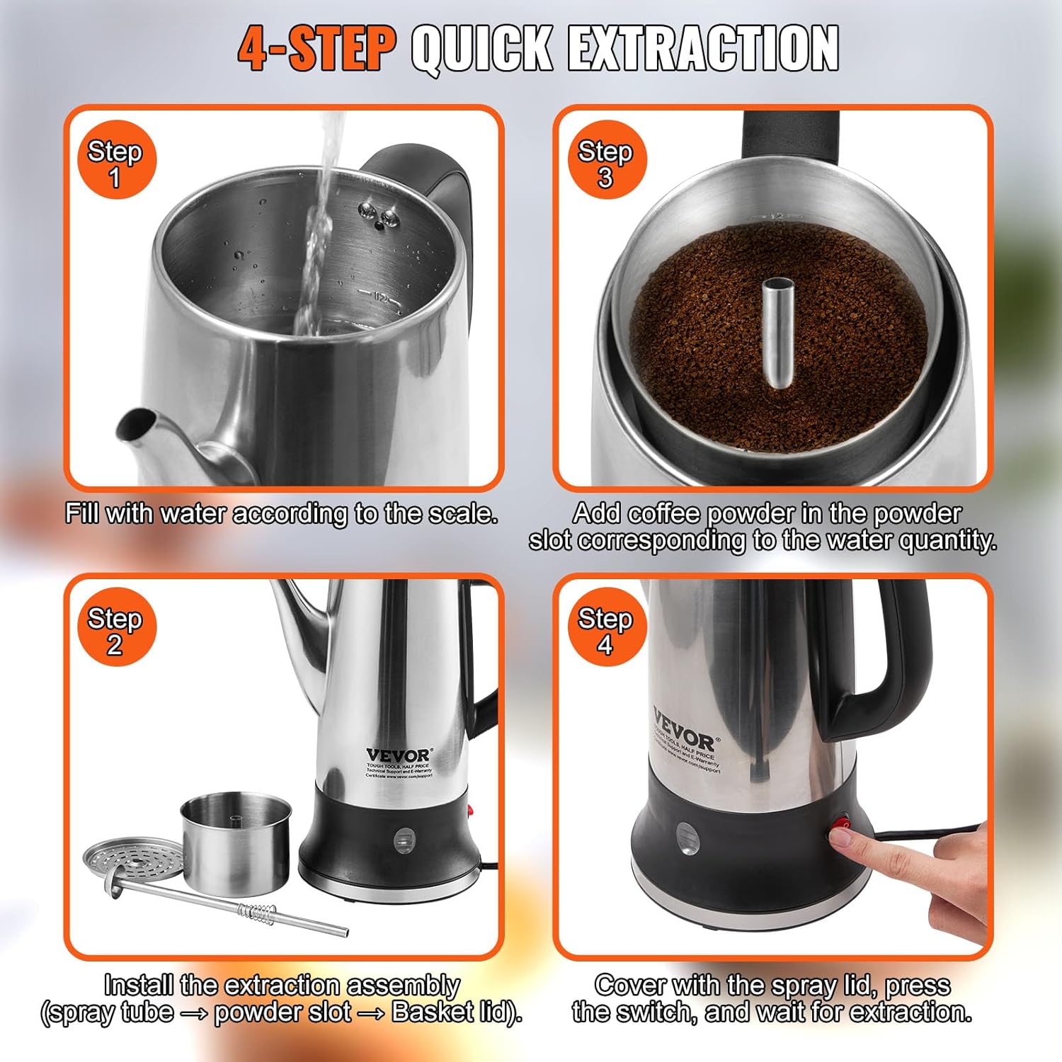 VEVOR 12-Cup Electric Percolator Coffee Pot, 304 Stainless Steel Body Coffee Percolator with Keep Warm Function & Heat-Resistant Handle, Classic Coffee Maker, Quick Brew & Easy-Pour Spout, Silver