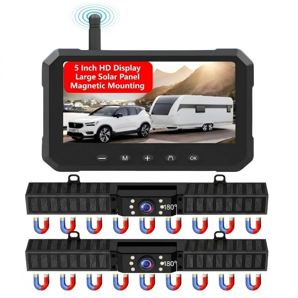 Magnetic Solar Wireless Backup Camera with 5-inch HD Monitor,1080P Rear View for 