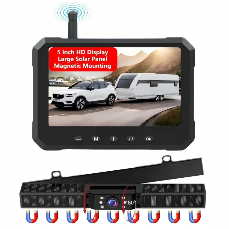 Magnetic Solar Wireless Backup Camera with 5-inch HD Monitor,1080P Rear View for 