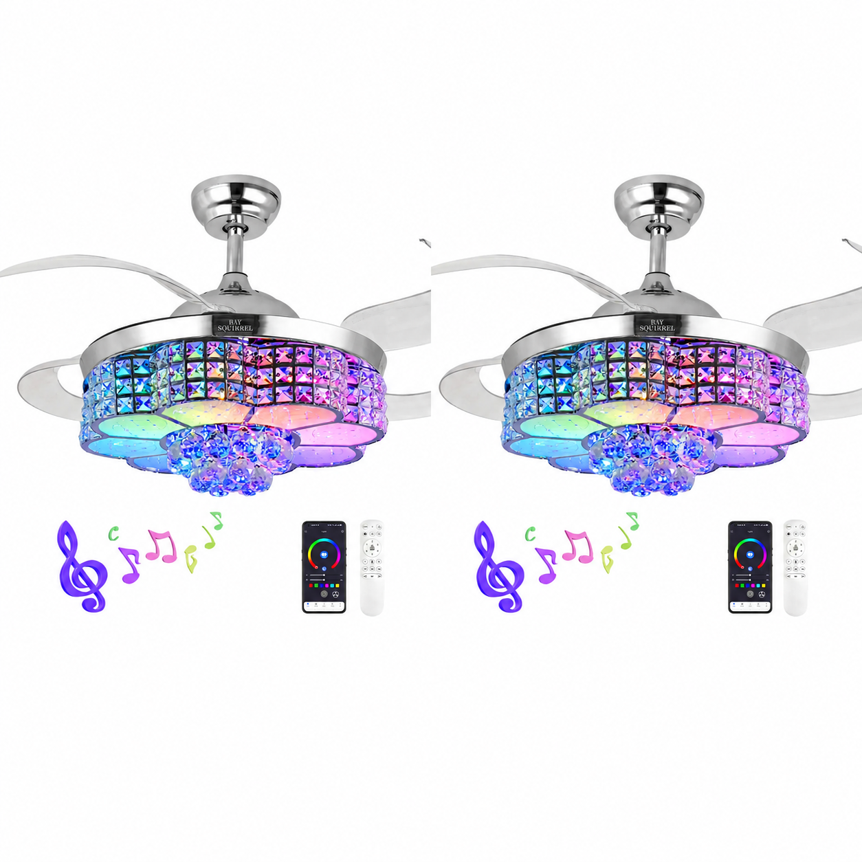 Retractable Crystal Ceiling Fan with Speaker,Remote/APP Control, 6 Speed Reversible RGB-LED Light, Atmosphere Lighting Ambient Decoration Lamp, Excellent Gifts Changing Nightlight tiktokshopspringglowup