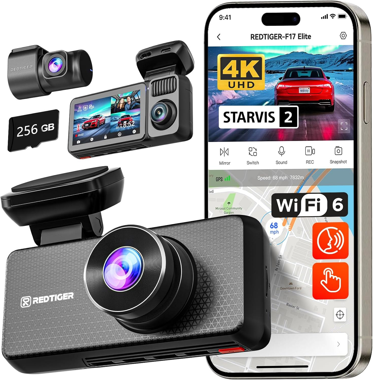 [Limited-Time Promotion] 4K 3-Channel Dash Cam: 3-Way Recording, Voice Control, GPS Positioning, HDR (High Dynamic Range) Imaging, and Parking Monitoring Mode.
