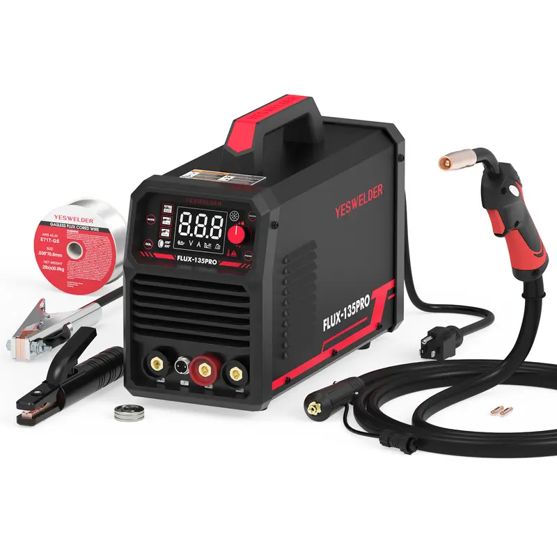 【Warehouse Clearance】 FLUX-135PRO 135Amp 110V Flux Core MIG Welder, Gasless MIG/Lift TIG/Stick 3-in-1 Welding Machine, Digital Display DC IGBT Synergic Control