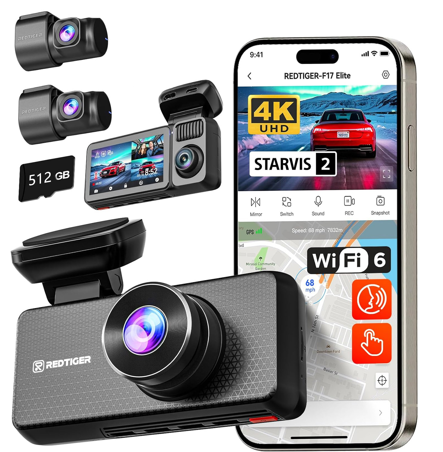 [Limited-Time Promotion] 4K 3-Channel Dash Cam: 3-Way Recording, Voice Control, GPS Positioning, HDR (High Dynamic Range) Imaging, and Parking Monitoring Mode.