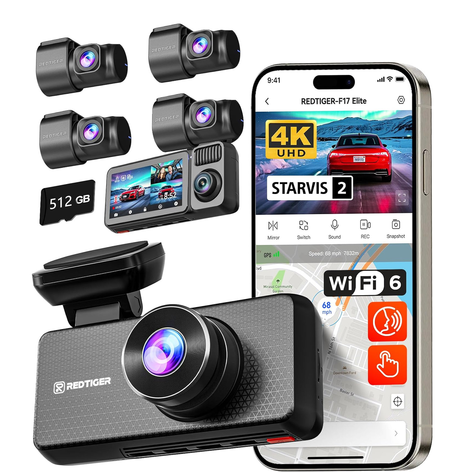 [Limited-Time Promotion] 4K 3-Channel Dash Cam: 3-Way Recording, Voice Control, GPS Positioning, HDR (High Dynamic Range) Imaging, and Parking Monitoring Mode.