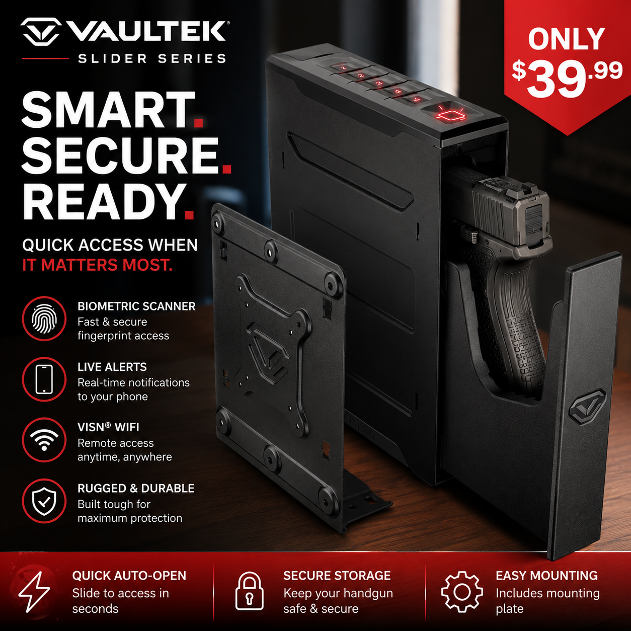 Limited-time discount - VAULTEK Smart Handgun Safe: Quick-opening, automatic sliding door handgun safe with biometric scanner, real-time alarm and mounting plate (biometrics + ViSN WiFi).