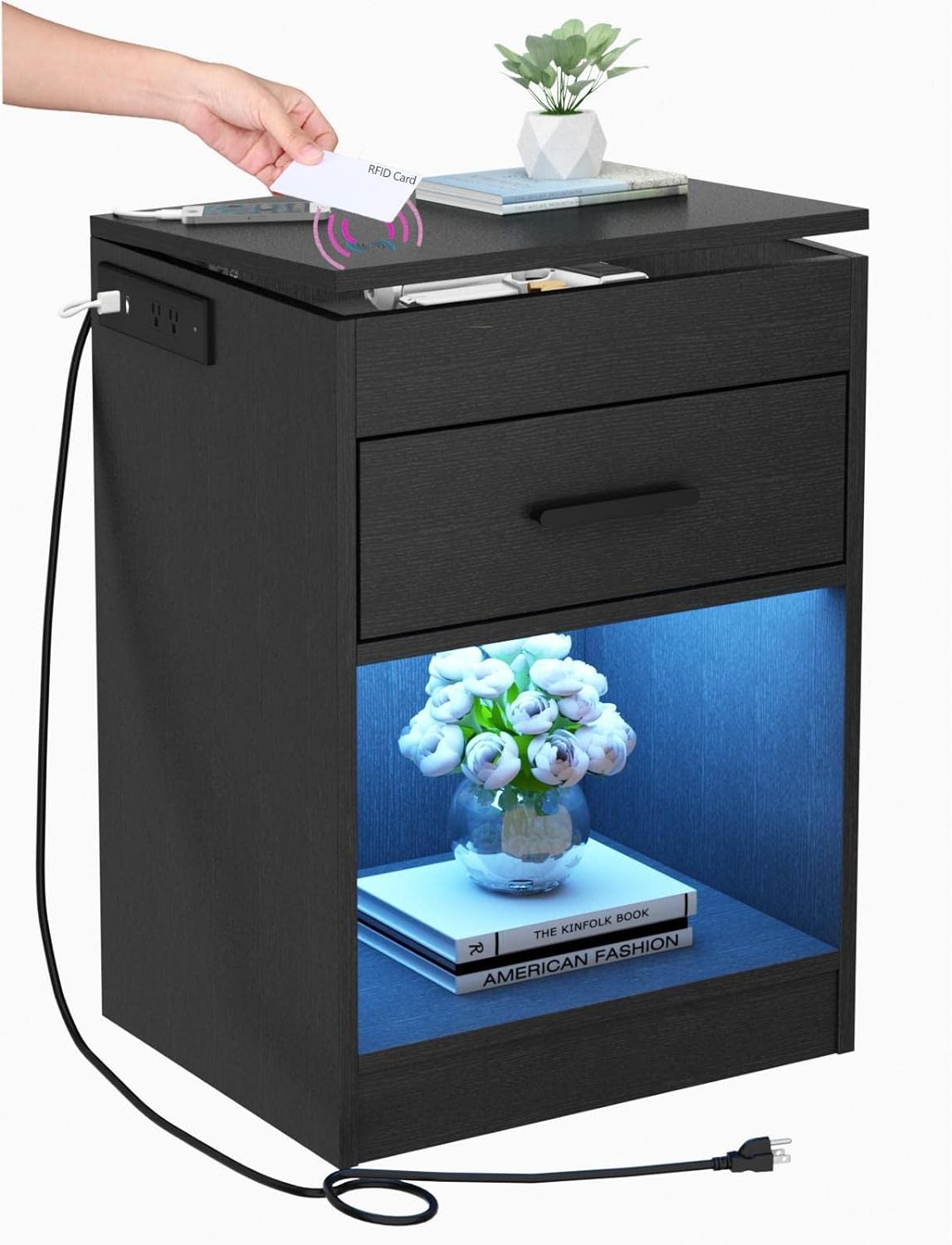 【Price Slash】Auromie Nightstand , Concealment Furniture with RFID Lock Cabinet and Power Outlets, Bedside Table with Hidden Compartment for Valuables Storage