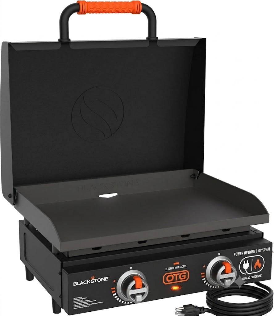 22" Tabletop Griddle with Hood, Electric & Gas, Portable Grill for Camping & Tailgating