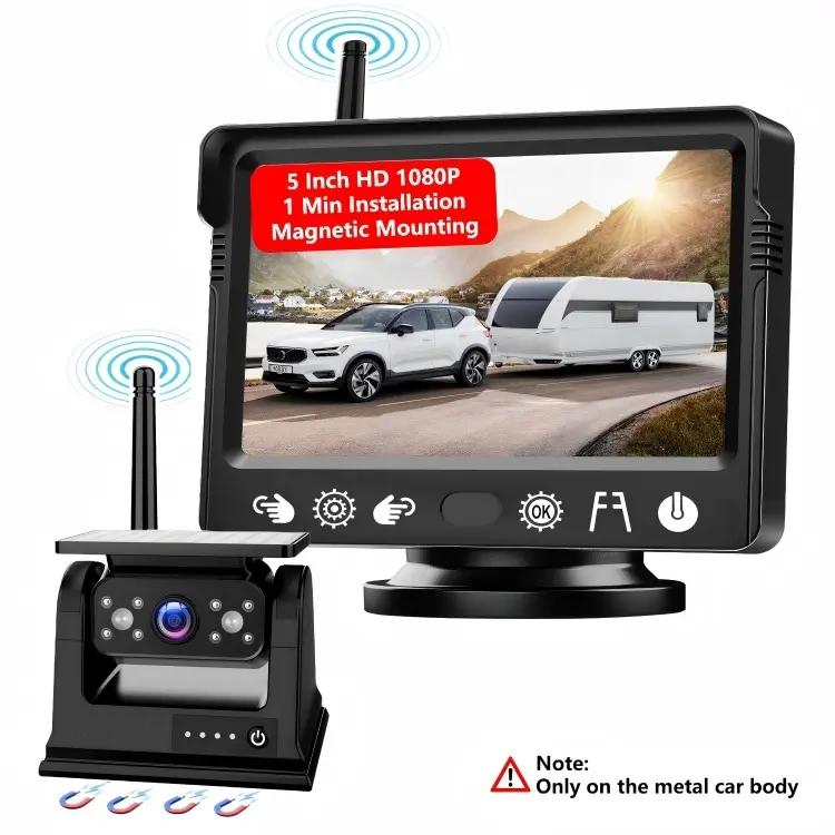 Magnetic Solar Wireless Backup Camera with 5-inch HD Monitor,1080P Rear View for 
