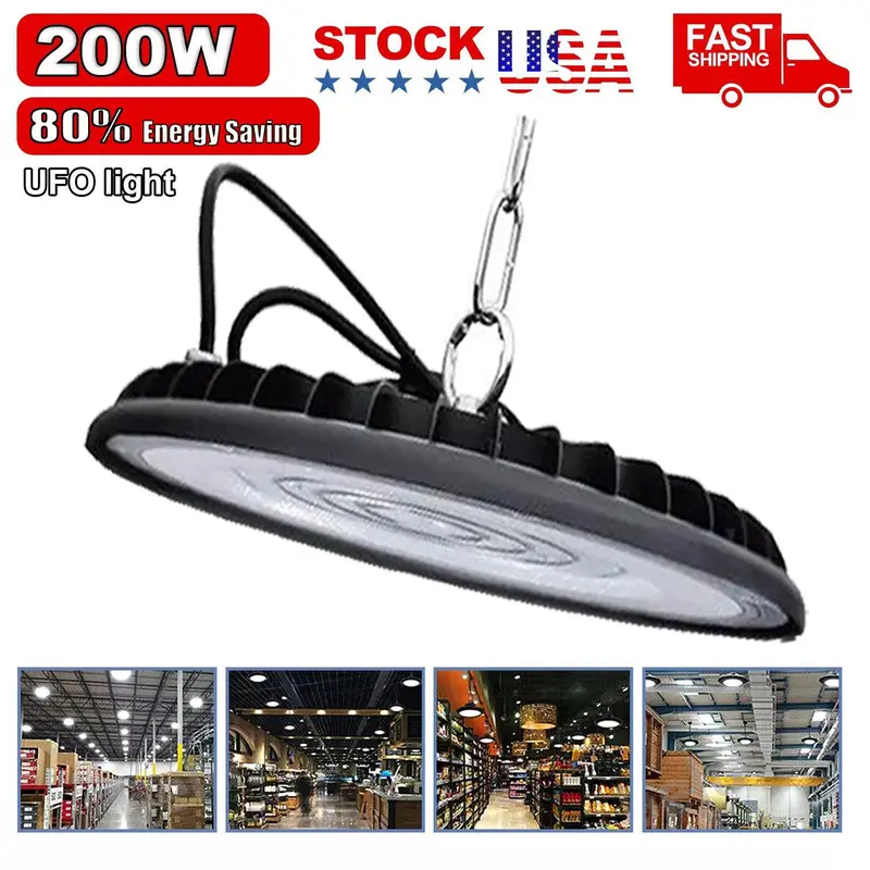 【HOT DEAL】200W UFO LED High Bay Light Commercial Industrial Lighting for Warehouses and Retail Spaces 30,000 Lumens, Includes US Standard Plug and Suspension Chain, 6000K Daylight Color Temperature, Safe and Efficient,DealsForYouDays