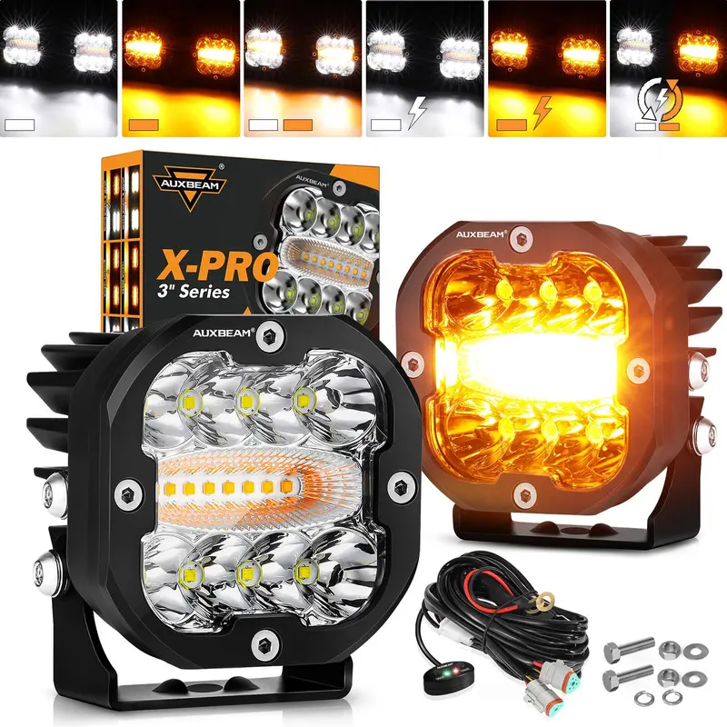 AUXBEAM LED Pods Light Offroad Driving Work Lights, X-PRO 3" 96W 6 Modes Dual Color Spot Flood Combo or V-ULTRA 5" 172W Side Shooter with Amber DRL, IP68 Waterproof for Trucks Jeep, 2PCS