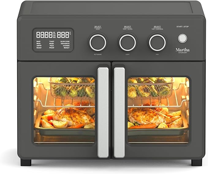 💥Special Offers  Martha Stewart French Door Air Fryer Toaster Oven Combo, 34QT Countertop Convection, 12-in-1, Bake, Broil, Roast, Fits 12” Pizza, Dehydrate, 5 Accessories, Air Fry Basket, Stainless Steel, Caviar Gray From the manufacturer