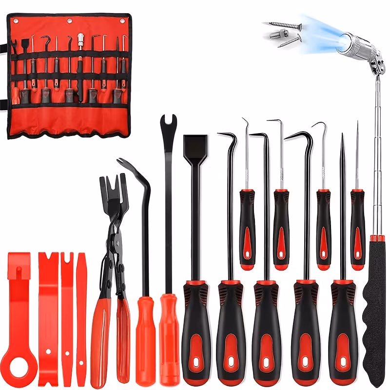 12 17pcs professional auto trim removal tool set hook pick pry bar scraper magnetic telescoping pickup tool kit car panel door clip remover bicycle repair tools Product details 0