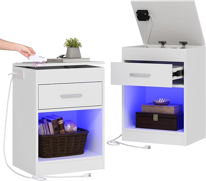【Price Slash】Auromie Nightstand , Concealment Furniture with RFID Lock Cabinet and Power Outlets, Bedside Table with Hidden Compartment for Valuables Storage