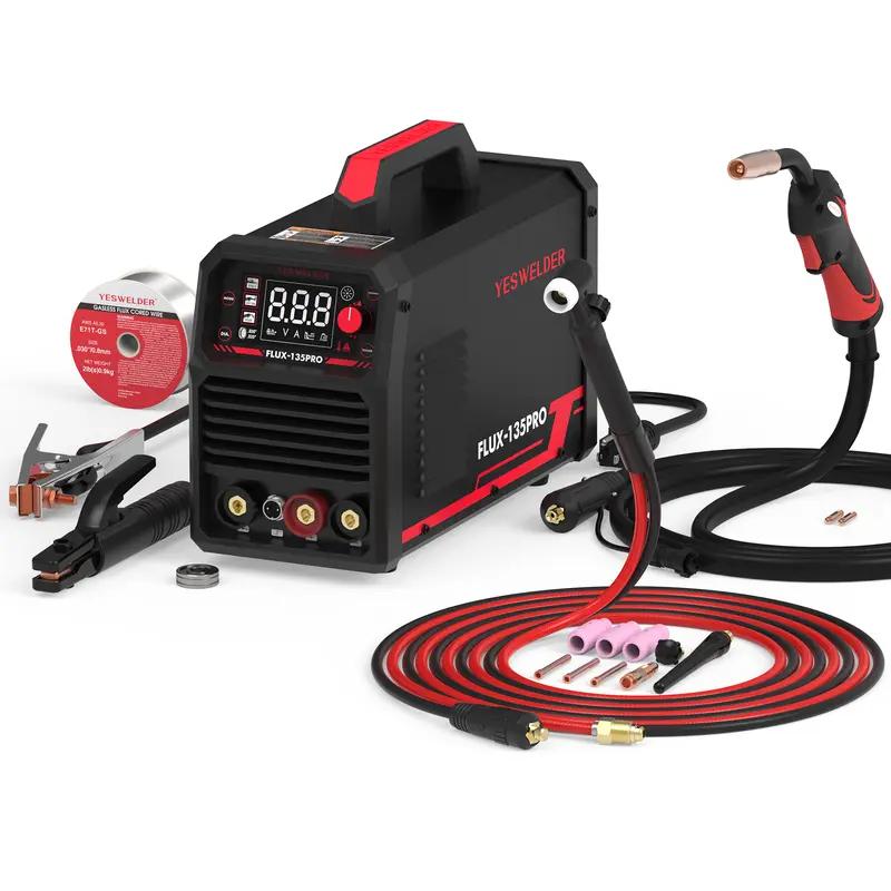 【Warehouse Clearance】 FLUX-135PRO 135Amp 110V Flux Core MIG Welder, Gasless MIG/Lift TIG/Stick 3-in-1 Welding Machine, Digital Display DC IGBT Synergic Control