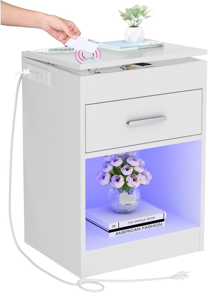 【Price Slash】Auromie Nightstand , Concealment Furniture with RFID Lock Cabinet and Power Outlets, Bedside Table with Hidden Compartment for Valuables Storage