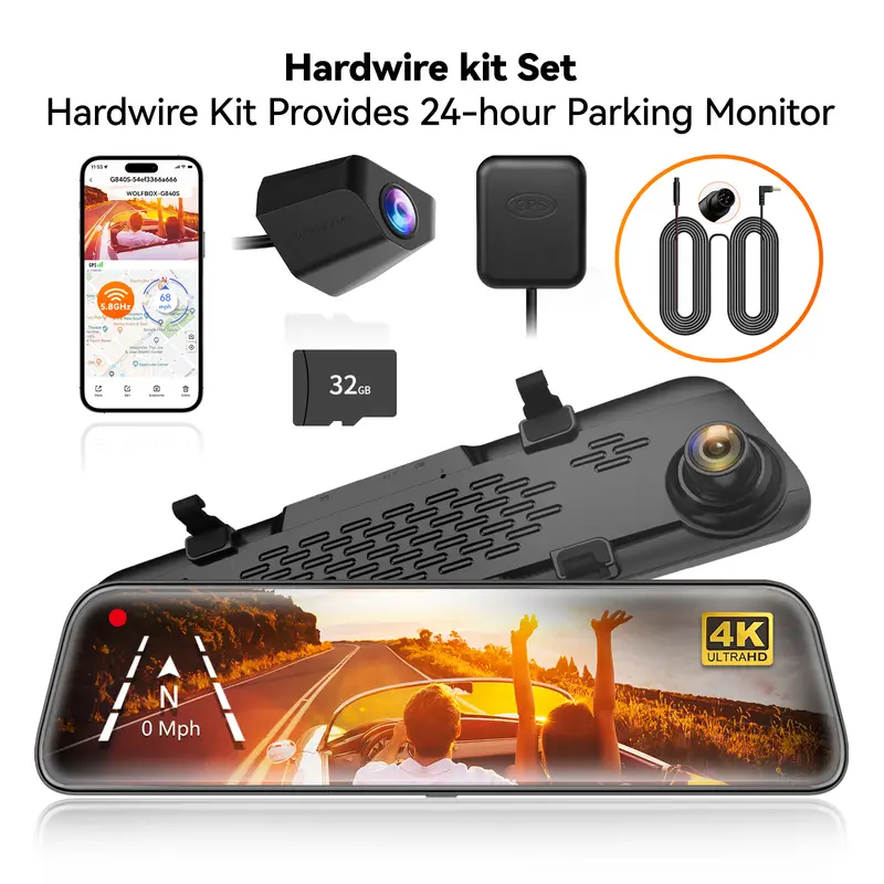 【Price Slash】WOLFBOX G840S 12" 4K Mirror Dash Cam with 5.8GHz WiFi & GPS Tracking, Dual Cameras, Night Vision, 32GB Card, 170° Front & 140° Rear Lenses, 24-Hour Parking Monitor, TikTokShopHolidayHaul - Automotive Video Recorder