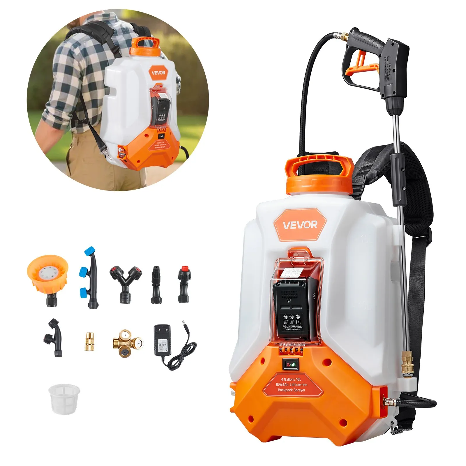 🛒BEST SELLER🚀VEVOR Battery Powered Backpack Sprayer, 4 Gallons Electric Backpack Sprayer, 2 Wands & 8 Nozzles, Adjustable 0-90 PSI, 4H Runtime, Portable Yard Garden Lawn Sprayers for Weeding Spraying Cleaning