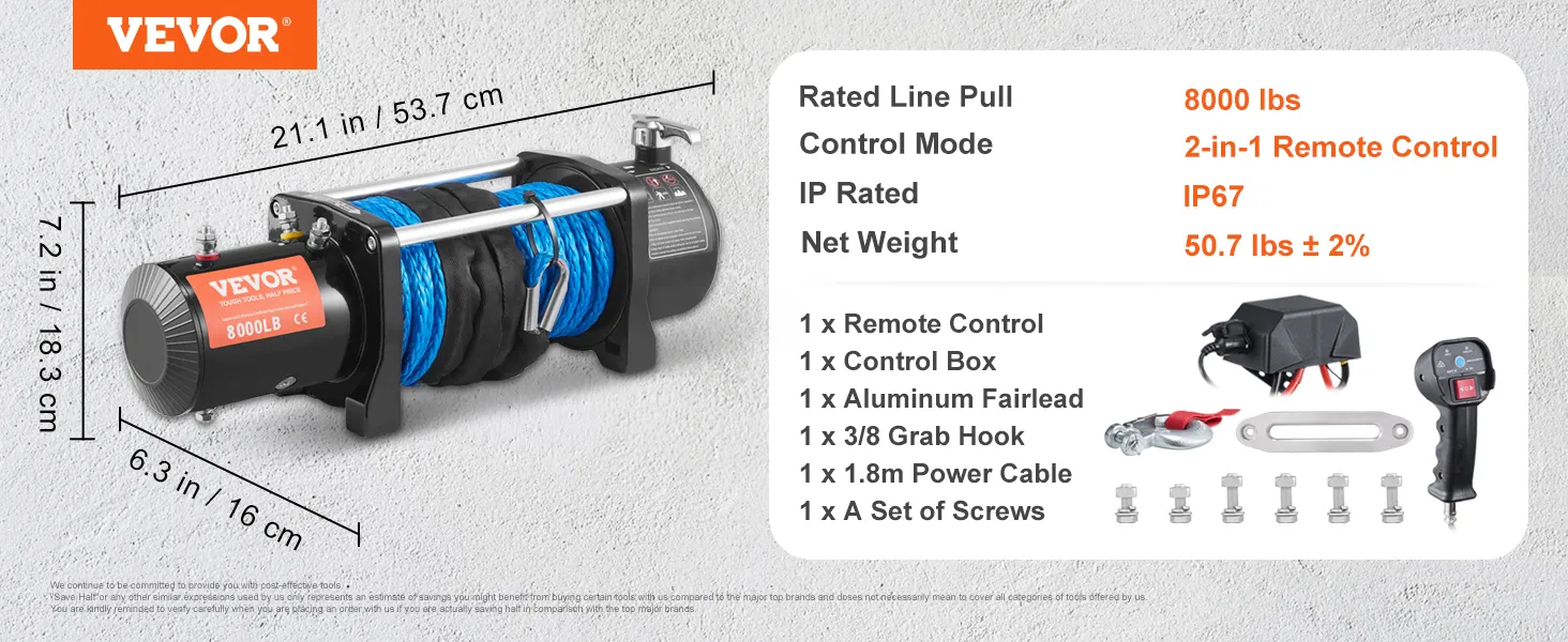 VEVOR electric winch with 8000 lbs pull, 2-in-1 remote control, ip67 rating, and accessory kit.