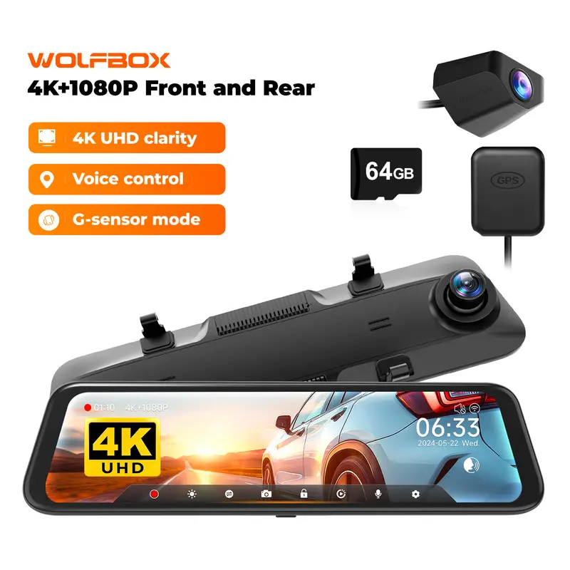 【Price Slash】WOLFBOX G840S 12" 4K Mirror Dash Cam with 5.8GHz WiFi & GPS Tracking, Dual Cameras, Night Vision, 32GB Card, 170° Front & 140° Rear Lenses, 24-Hour Parking Monitor, TikTokShopHolidayHaul - Automotive Video Recorder