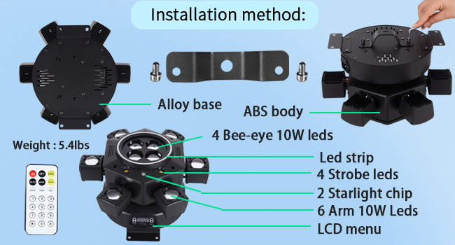 10&times;10W RGBW LEDs, 2&times;10W white/amber strobes, and 23 RGB patch beads. red-green starlight