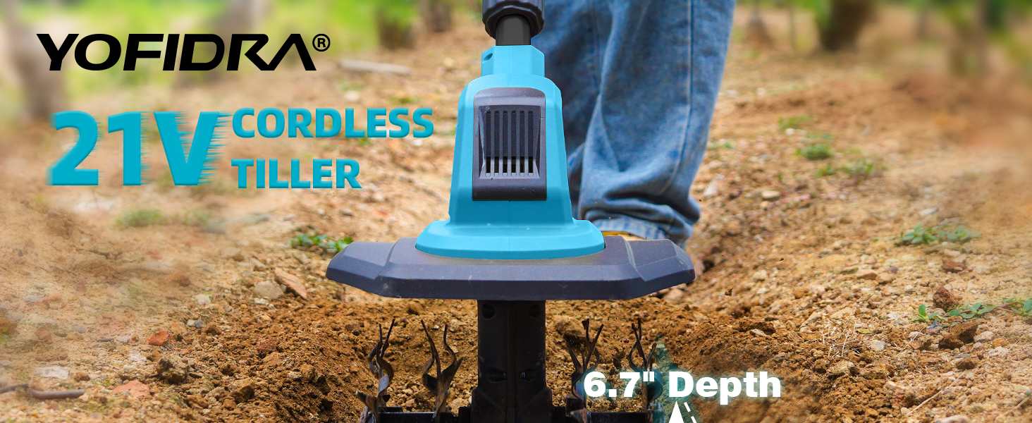 Text reads 'YOFIDRA' and '21V CORDLESS TILLER'. Product demonstration of a cordless garden tiller being used to cultivate soil.