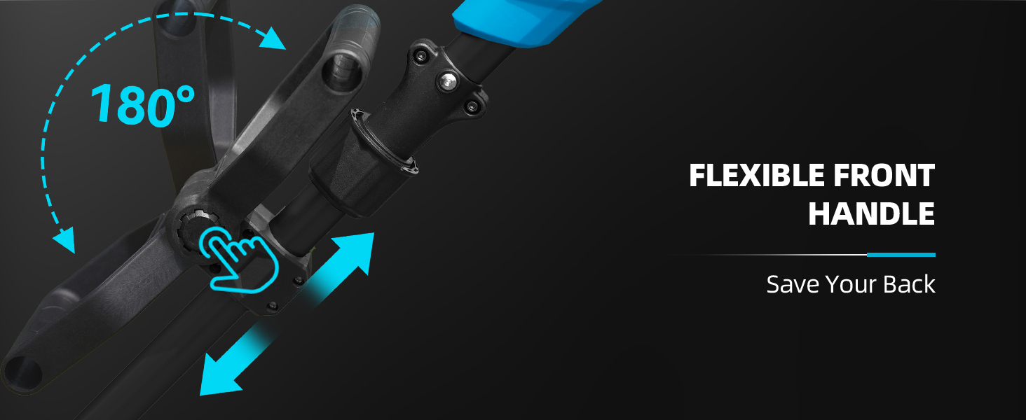 Text reads 'FLEXIBLE FRONT HANDLE' and 'Save Your Back'. Black and blue diagram showing 180-degree rotation capability with directional arrows.