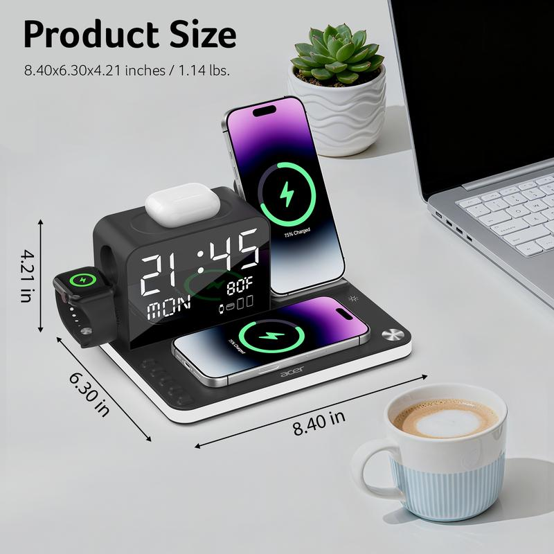 Acer 7-in-1 Wireless Charging Station with Alarm Clock & Bluetooth Time Sync, 15W Fast MagSafe Magnetic Charging Stand for iPhone, Apple Watch, AirPods, Bedside Night Light Dock for Android, Gift
