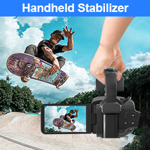 Handheld stabilizer capturing a man skateboarding outdoors for smooth, steady video footage.