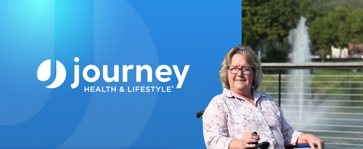 The Journey logo next to an elderly person using a walker.