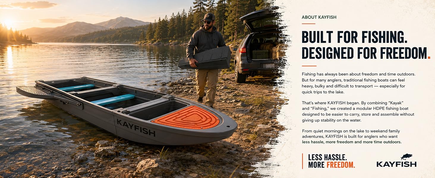 Angler carrying a side flank from an SUV toward a modular fishing boat.