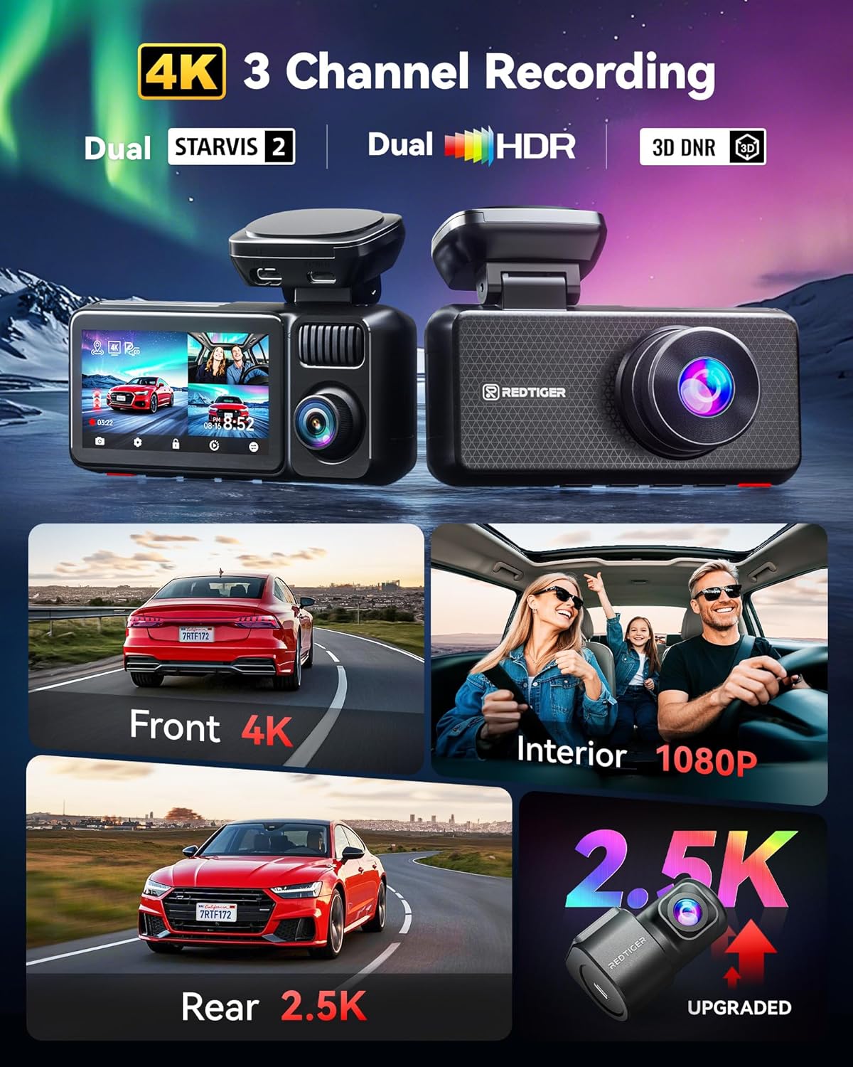 [Limited-Time Promotion] 4K 3-Channel Dash Cam: 3-Way Recording, Voice Control, GPS Positioning, HDR (High Dynamic Range) Imaging, and Parking Monitoring Mode.