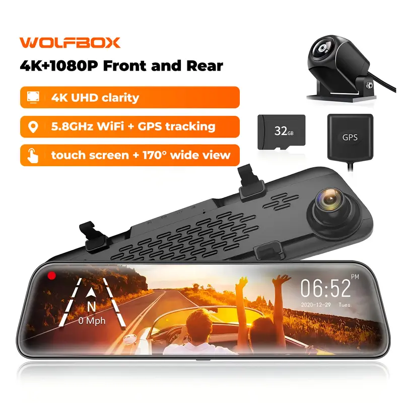【Price Slash】WOLFBOX G840S 12" 4K Mirror Dash Cam with 5.8GHz WiFi & GPS Tracking, Dual Cameras, Night Vision, 32GB Card, 170° Front & 140° Rear Lenses, 24-Hour Parking Monitor, TikTokShopHolidayHaul - Automotive Video Recorder