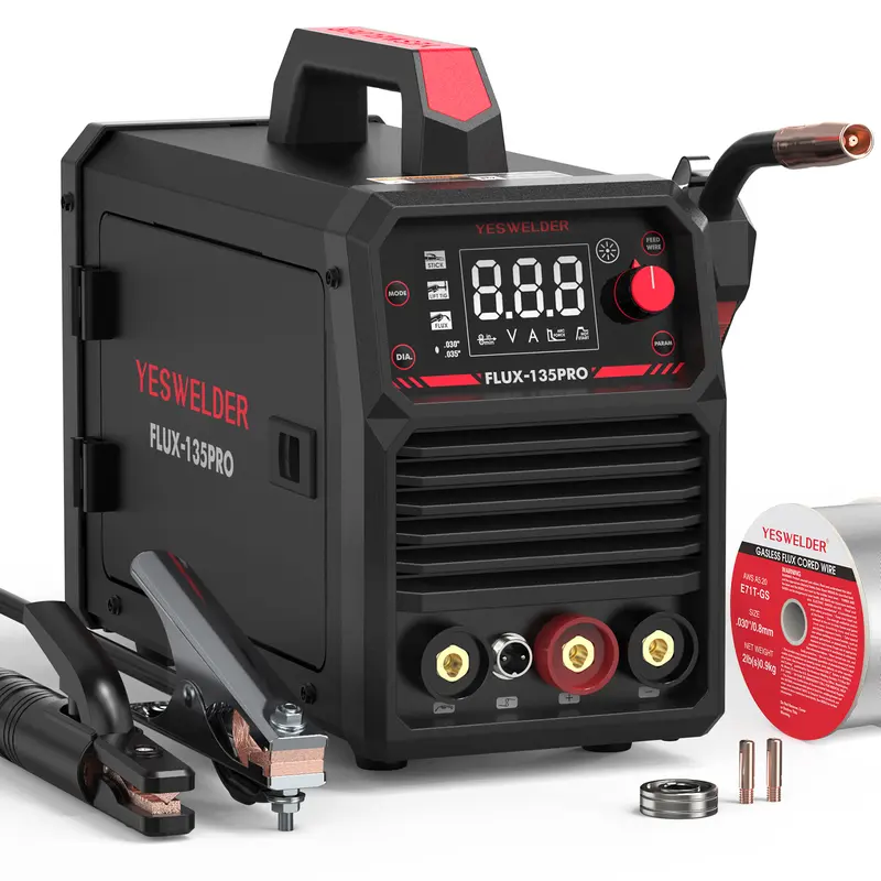 【Warehouse Clearance】 FLUX-135PRO 135Amp 110V Flux Core MIG Welder, Gasless MIG/Lift TIG/Stick 3-in-1 Welding Machine, Digital Display DC IGBT Synergic Control