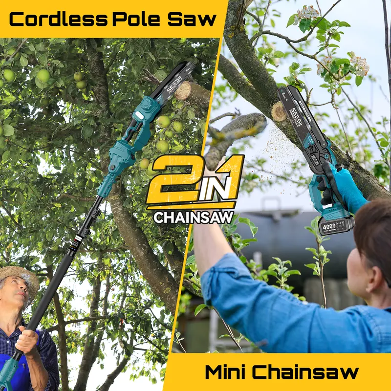 【Spotlight Day】SEESII 2 in 1 Cordless Pole Saw & Mini Chainsaw with 2 Batteries, Power Electric Polesaw for Tree Trimming, Chain Saw with Extension Pole, 16ft Reach, Limb Branch Cutter Pruner P8 Ace/P6 Ace CH800