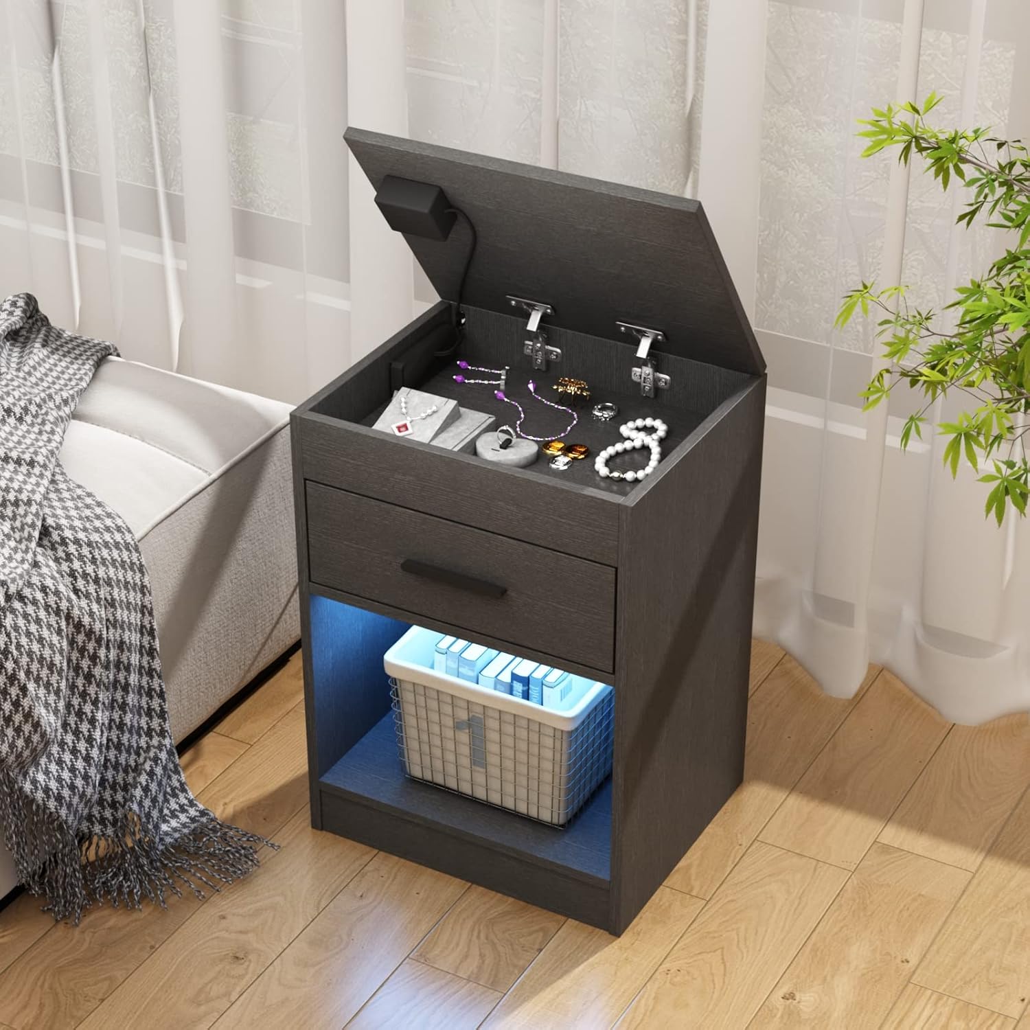 【Price Slash】Auromie Nightstand , Concealment Furniture with RFID Lock Cabinet and Power Outlets, Bedside Table with Hidden Compartment for Valuables Storage