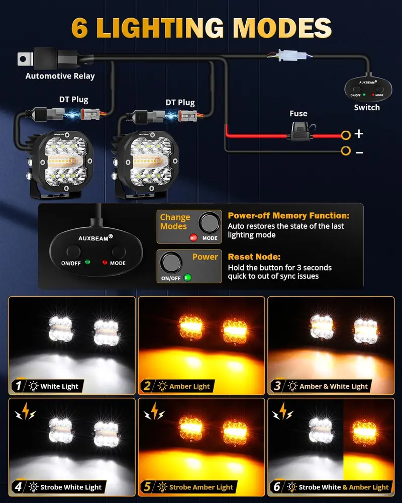AUXBEAM LED Pods Light Offroad Driving Work Lights, X-PRO 3" 96W 6 Modes Dual Color Spot Flood Combo or V-ULTRA 5" 172W Side Shooter with Amber DRL, IP68 Waterproof for Trucks Jeep, 2PCS